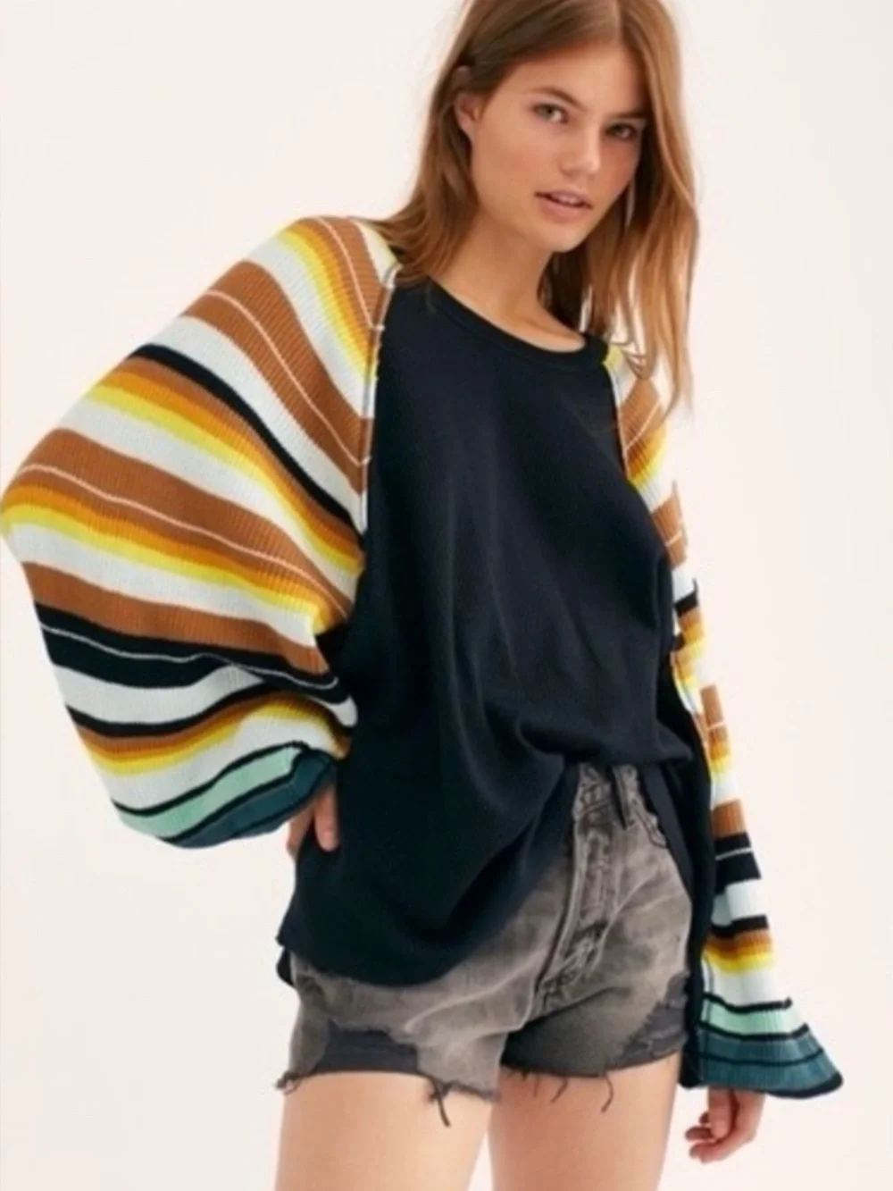 Free People Rainbow Stripes Waffle Knit Top with Striped Balloon Sleeves